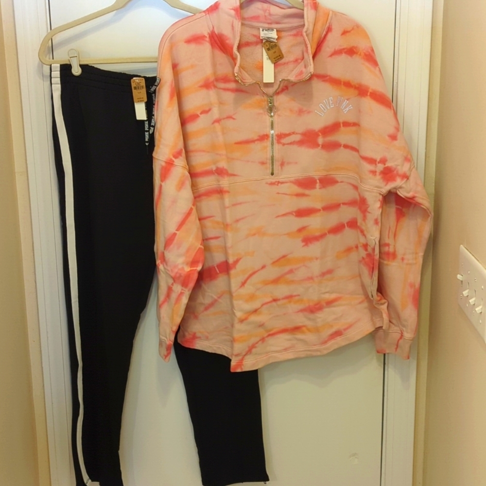 NWT Victoria's Secret PINK Oversized Pullover Tie Dye Track Pants Black Large
